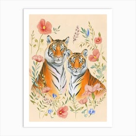 Folksy Floral Animal Drawing Tiger 6 Art Print