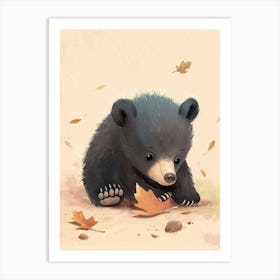 American Black Bear Cub Playing With A Fallen Leaf Storybook Illustration 3 Art Print