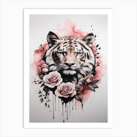 Tiger With Roses Art Print