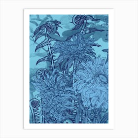 Abstract Botanical Fiddleheads and Dahlias in Blue and Indigo, Collage No.12623 - 05 Art Print