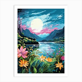 Mountain Lake Night Travel Painting Botanical Housewarming Art Print