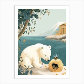 Polar Bear Cub Playing With A Beehive Storybook Illustration 3 Art Print