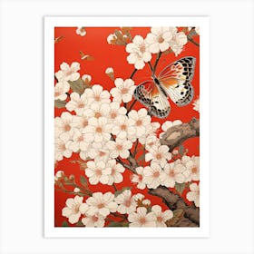 Red Cherry Blossom Butterfly Art Print