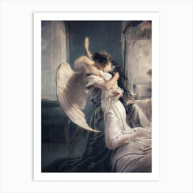 Mihály Von Zichy - Romantic Encounter (1864) Psyche Cupid - Hungarian Artist Oil Painting 'The Kiss' Renaissance Valentines The Lovers Ancient Vintage Dark Aesthetic Beautiful Angel in Love With Human Mythology Artwork Remastered HD 1 Art Print