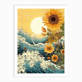 Great Wave With Sunflower Flower Drawing In The Style Of Ukiyo E 3 Art Print
