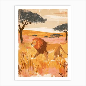 African Lion Hunting In The Savannah Illustration 2 Art Print
