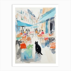 Food Market With Cats In Copenhagen 3 Watercolour Art Print