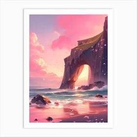 Ocean Shore Cliffs at Sunset Art Print