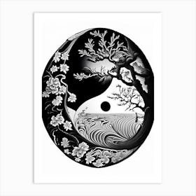 Black And White Yin and Yang Linocut Art Print
