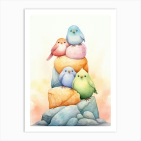 Colorful Birds On Rocks Art Print