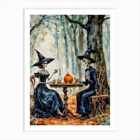 Tea for the Dead ~ Witchy Gothic Skull Skeleton Couple Watercolour Art Print