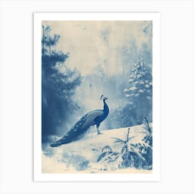 Cyanotype Inspired Peacock Snow Scene 1 Art Print