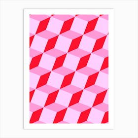 Cubes Geometric Pattern in Pink and Red Art Print