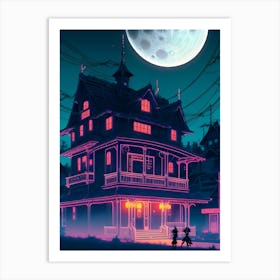 Neon Vibrant House In The Moonlight Art Print