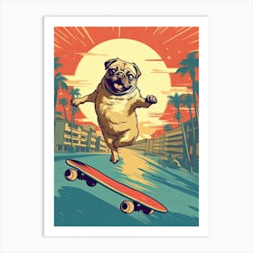 Pug Dog Skateboarding Illustration 2 Art Print