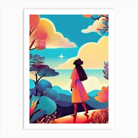 Luxmango Bold Woman Looking At Stars And Sky, Forest Illustration Art Print