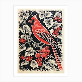 Vintage Bird Linocut Cardinal 1 Art Print