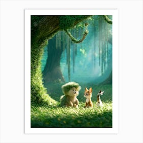 Friendly Fluffy Creatures Captured Mid Conversation In A Whimsical Forest Scene Their Faces Contor Art Print