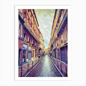 Toulouse Carmes Serene Alleyway After Rain. This image depicts a narrow, cobblestone alleyway flanked by tall, historic buildings with arched windows and balconies. The street appears wet, suggesting recent rainfall, and the sky is partly cloudy. The scene is devoid of people, creating a tranquil and serene atmosphere. Art Print