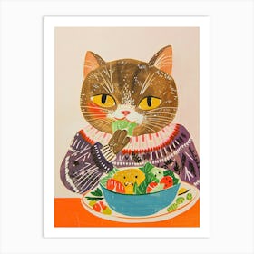 Cute Brown Cat Eating Salad Folk Illustration 1 Art Print