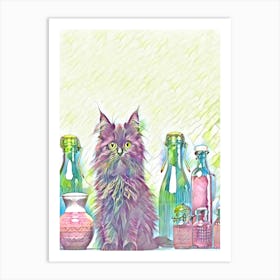 Cat And Bottle Art Print