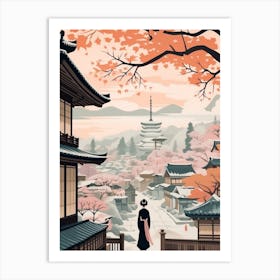 Vintage Winter Travel Illustration Kyoto Japan 3 Art Print