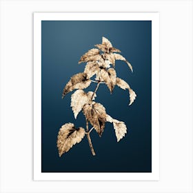 Gold Botanical White Dead Nettle Plant on Dusk Blue n.1566 Art Print
