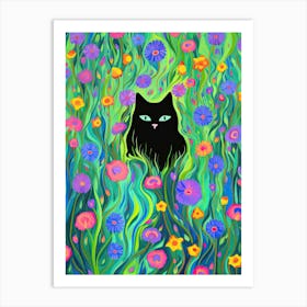 Black Cat In A Flower Field Psychadelic Colourful Painting Art Print