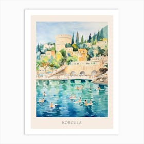 Swimming In Korcula Croatia Watercolour Poster Art Print