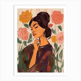 Woman With Autumnal Flowers Rose 1 Art Print