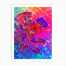 Red Aster Flowers Botanical in Acid Neon Pink Green and Blue n.0129 Art Print