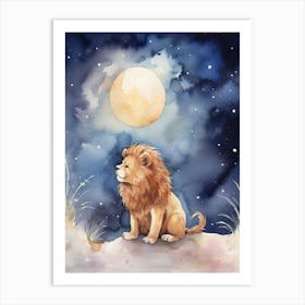 Stargazing Watercolour Lion Art Painting 4 Art Print