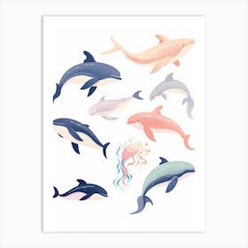 Cute Pastel Orca Whale And Sealife 1 Art Print