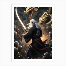 Dragon Samurai Swordsman battle with zombies Art Print