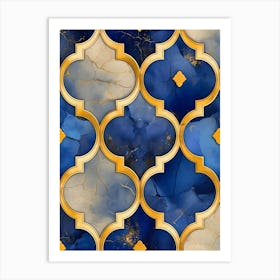 Gold And Blue Tile Pattern Inspired By William Morris Art Print