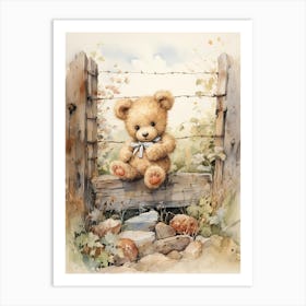 Fencing Teddy Bear Painting Watercolour 4 Art Print