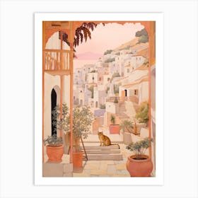 Mykonos Greece 4 Vintage Pink Travel Illustration Art Print