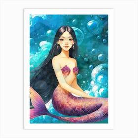 Mermaid, asian, Chinese, Korean, japanese, Thai ,ocean, sea, kids, girl, girls, bubbles, underwater, water Art Print