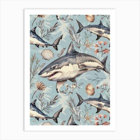 Pastel Blue Great White Shark Watercolour Seascape 1 Art Print