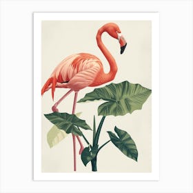 Lesser Flamingo And Alocasia Elephant Ear Minimalist Illustration 4 Art Print