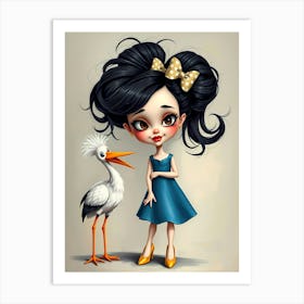 Cartoon Girl And Stork 1 Art Print