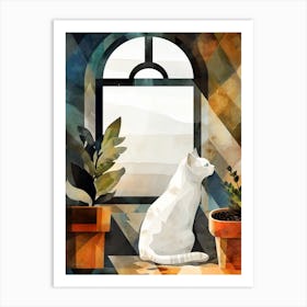 Watercolor Cat By The Window animal Cat's life Art Print
