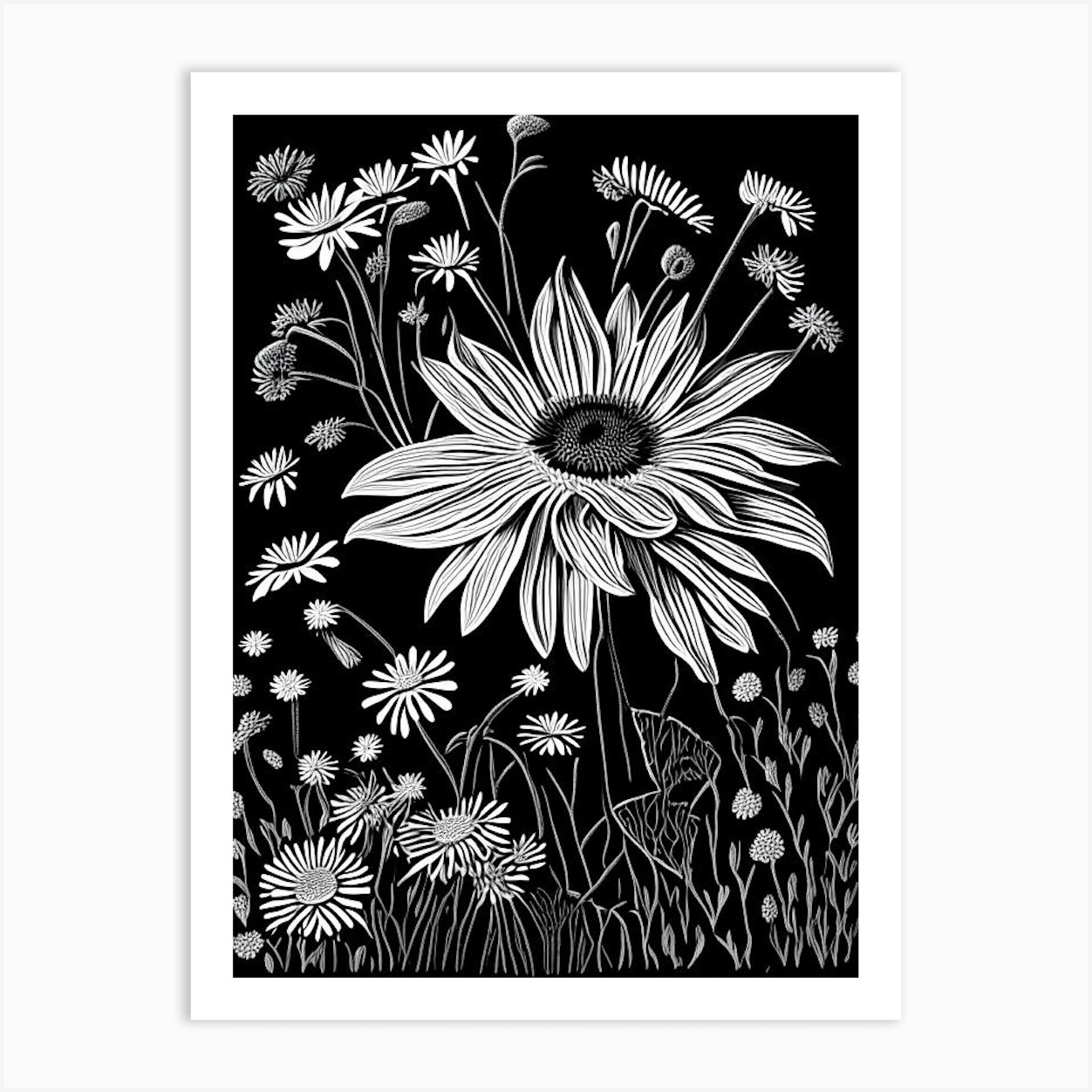 Daisy Wildflower Linocut 1 Art Print