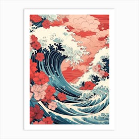 Great Wave With Lotus Flower Drawing In The Style Of Ukiyo E 3 Art Print
