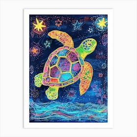 Sea Turtle At Night Crayon Drawing 1 Art Print