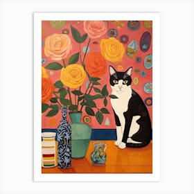 Rose Flower Vase And A Cat, A Painting In The Style Of Matisse 10 Art Print