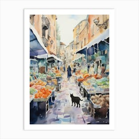 Food Market With Cats In Rome 3 Watercolour Art Print