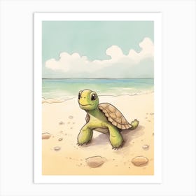 Cute Sea Turtle On The Beach Drawing 1 Art Print