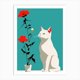 White Cat With Red Roses Art Print