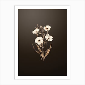 Gold Botanical Dark Eyed Viscaria Flower Branch on Chocolate Brown Art Print